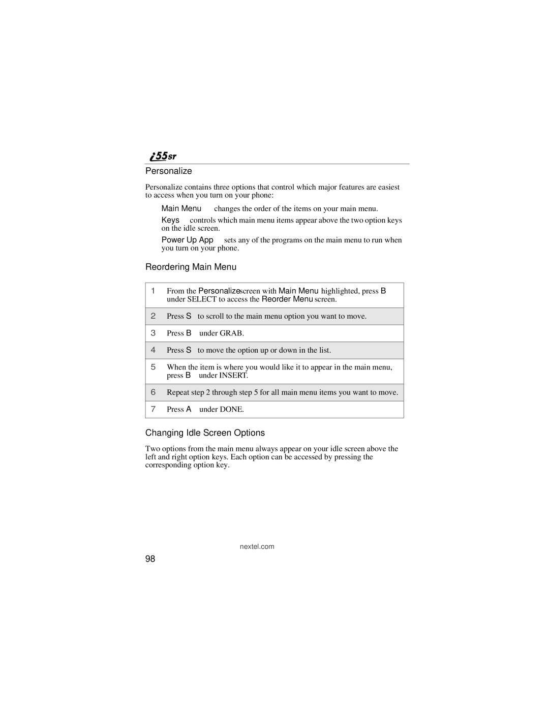Motorola i55sr manual Personalize, Reordering Main Menu, Changing Idle Screen Options 