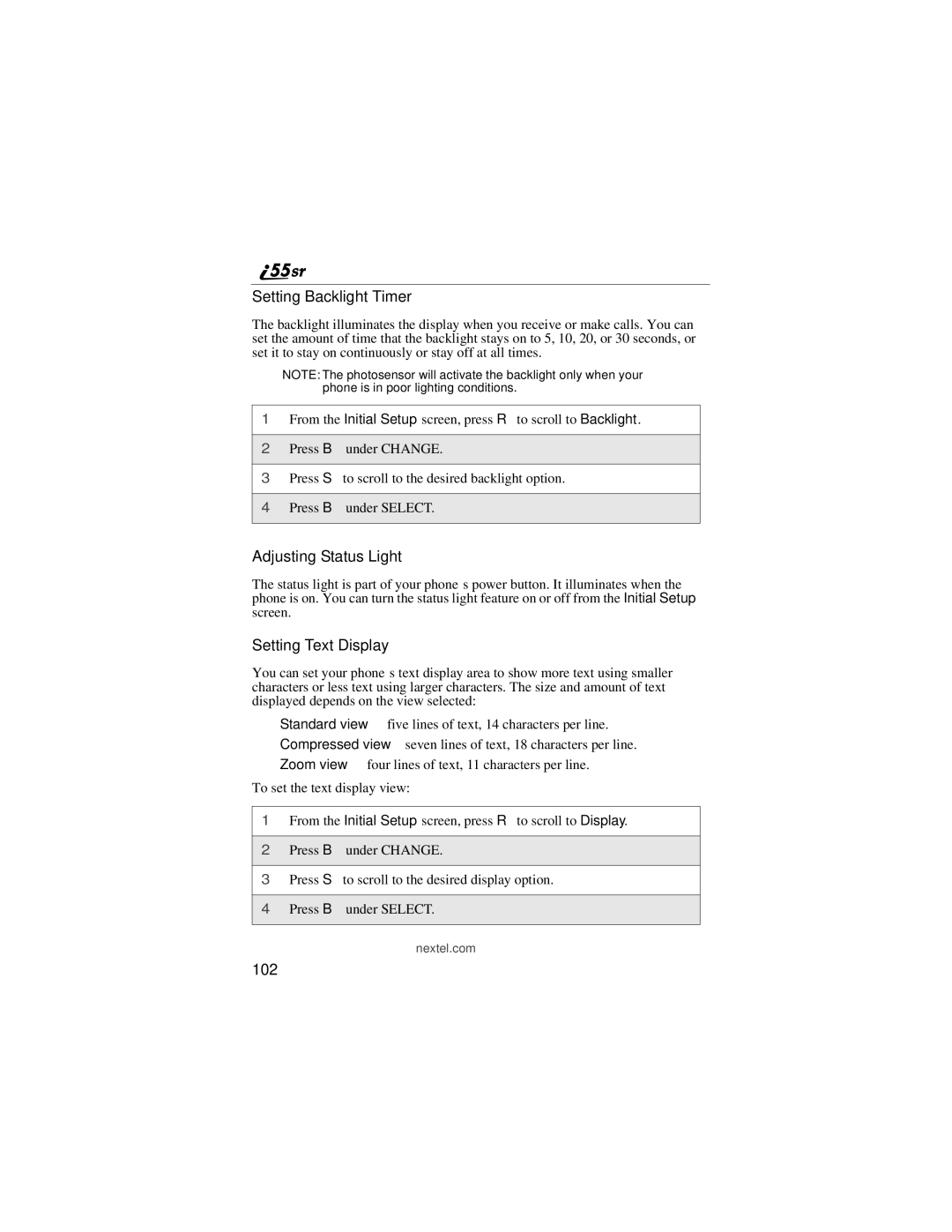 Motorola i55sr manual Setting Backlight Timer, Adjusting Status Light, Setting Text Display, 102 