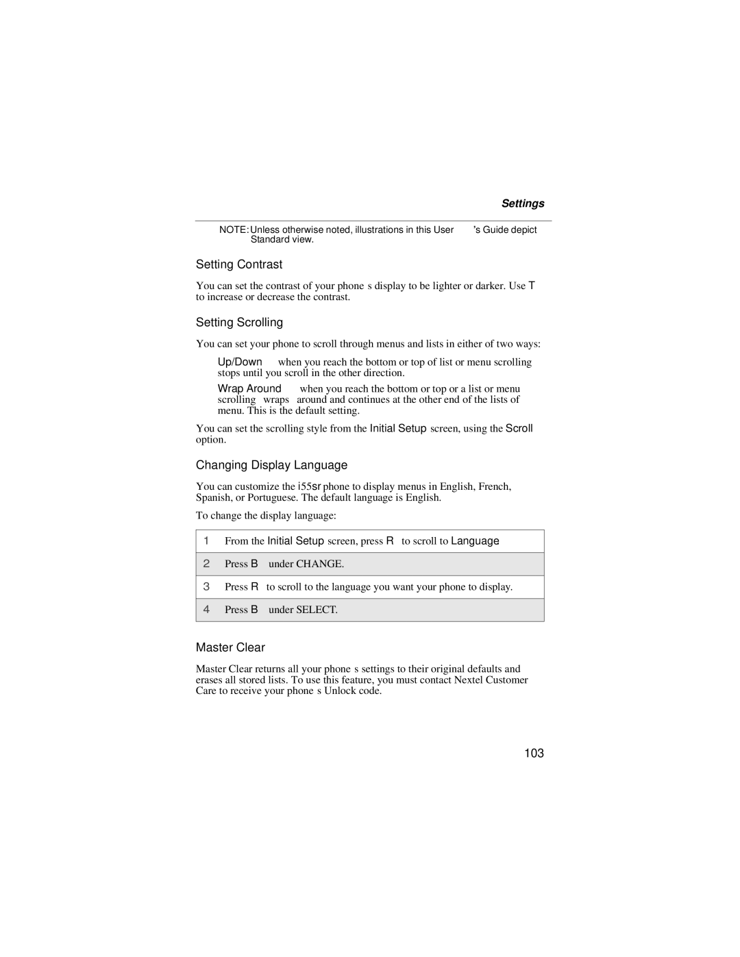 Motorola i55sr manual Setting Contrast, Setting Scrolling, Changing Display Language, Master Clear, 103 