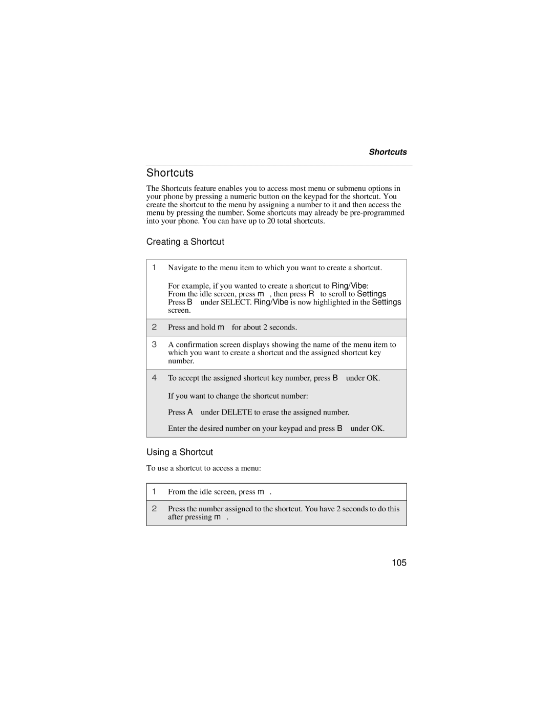 Motorola i55sr manual Shortcuts, Creating a Shortcut, Using a Shortcut, 105 