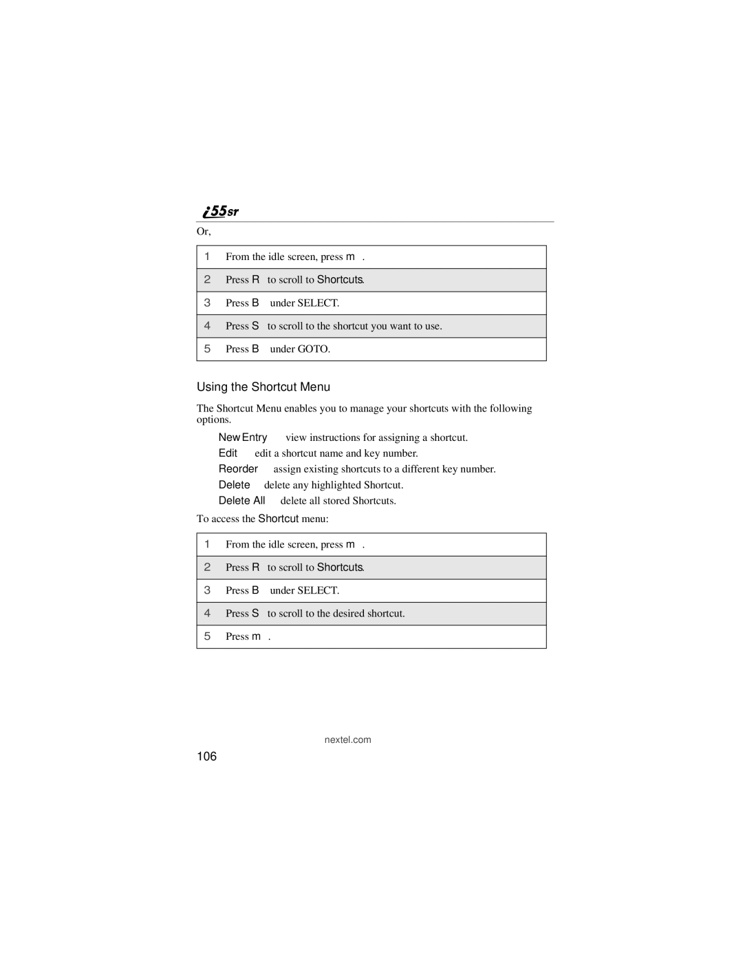 Motorola i55sr manual Using the Shortcut Menu, 106 