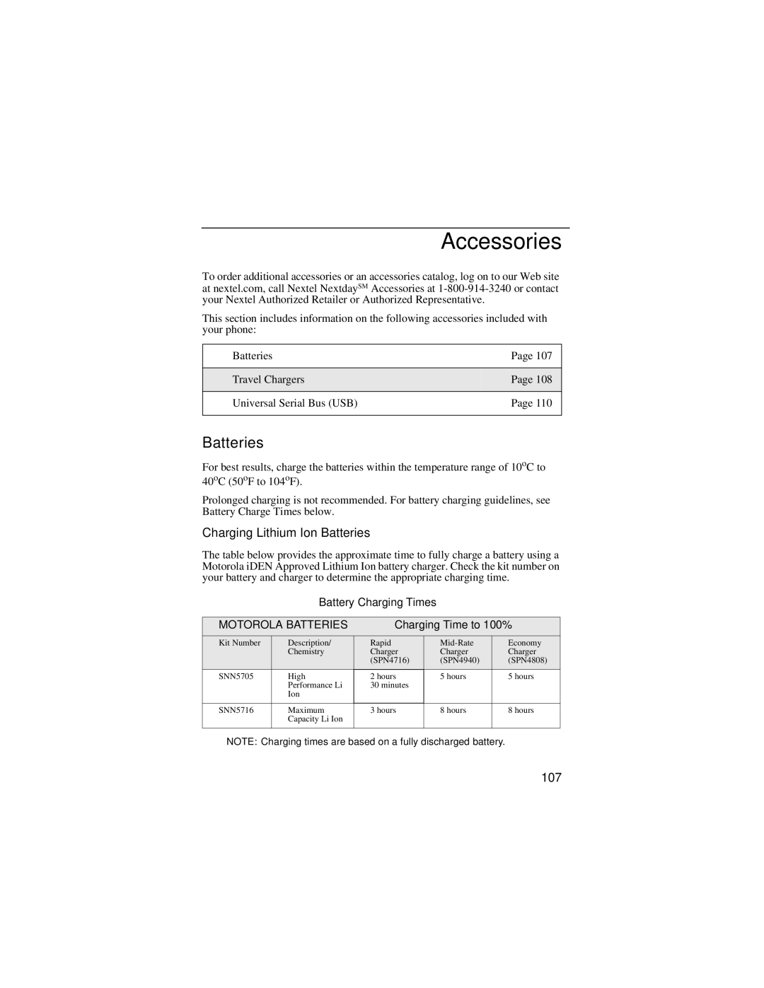 Motorola i55sr manual Accessories, Charging Lithium Ion Batteries, 107, Charging Time to 100% 