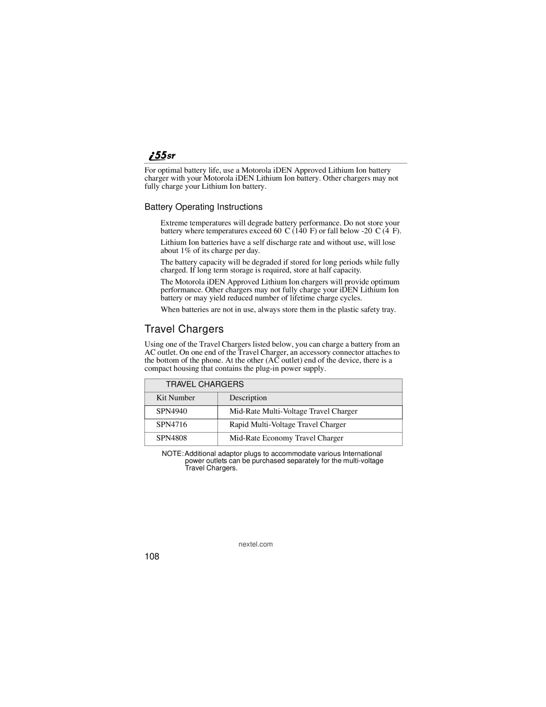 Motorola i55sr manual Travel Chargers, Battery Operating Instructions, 108 