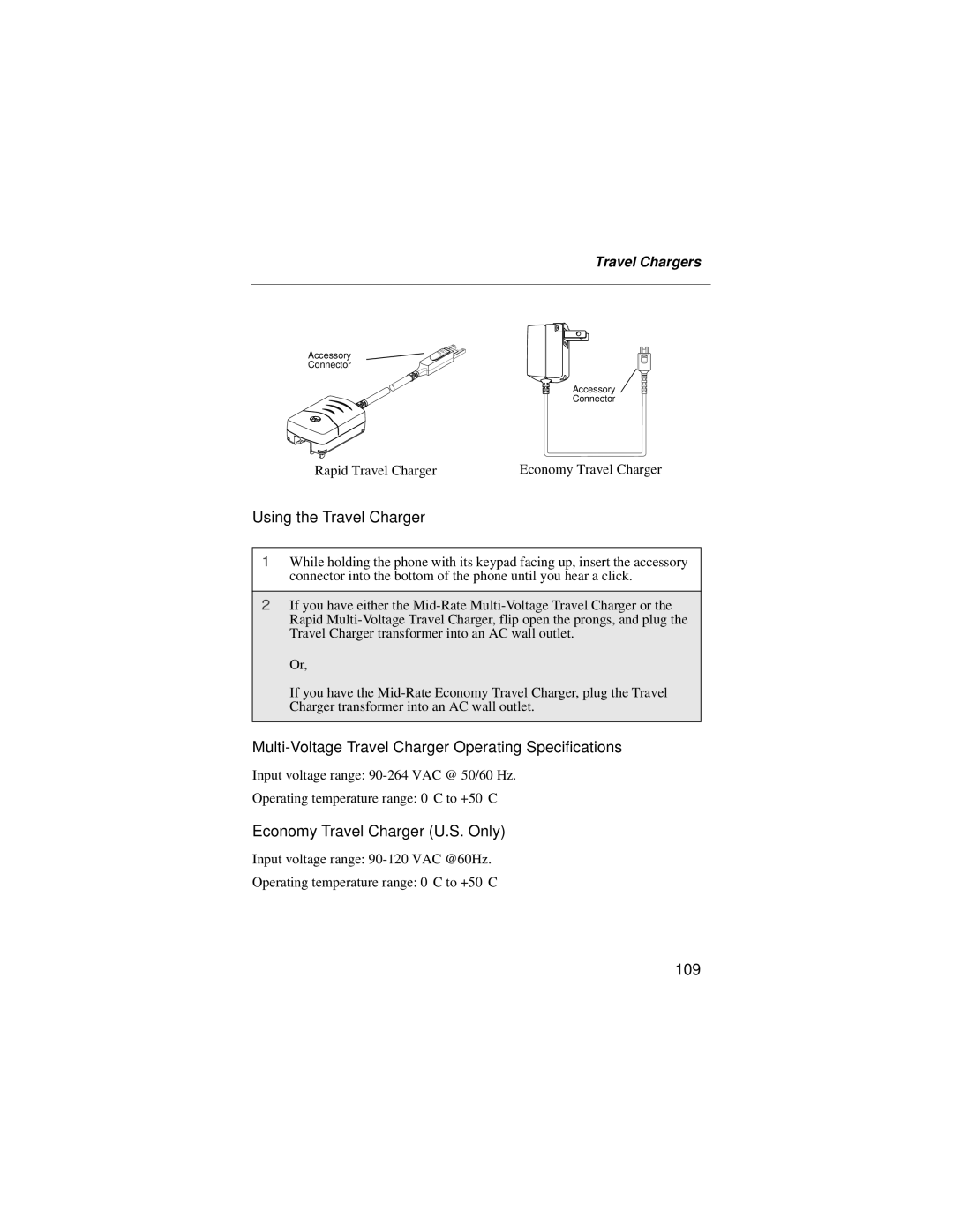 Motorola i55sr manual Using the Travel Charger, Multi-Voltage Travel Charger Operating Specifications, 109, Travel Chargers 