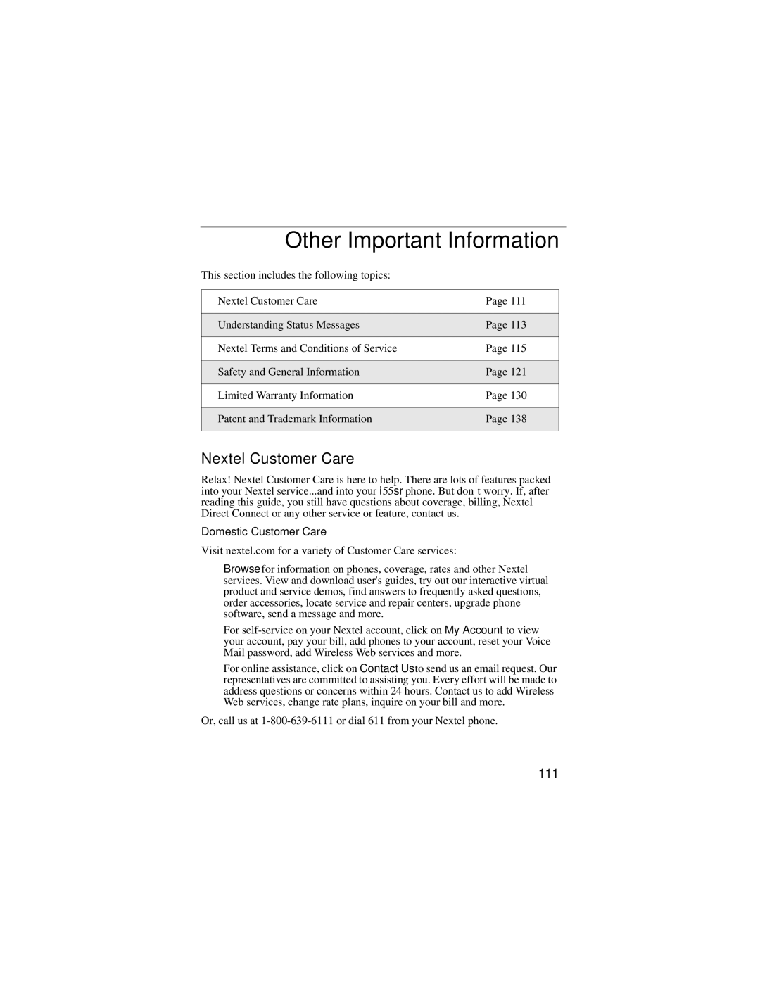 Motorola i55sr manual Other Important Information, Nextel Customer Care, 111, Domestic Customer Care 