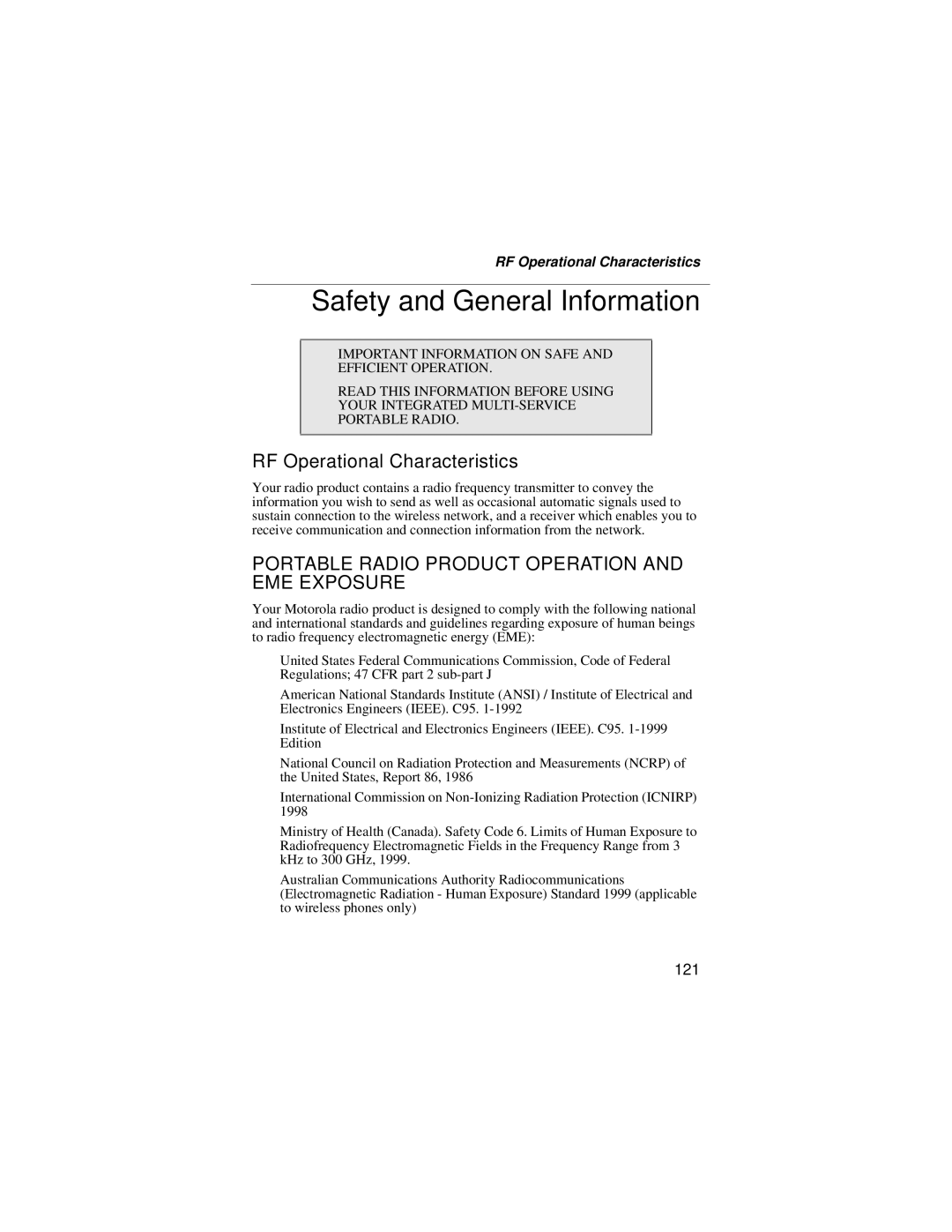 Motorola i55sr manual Safety and General Information, RF Operational Characteristics, 121 