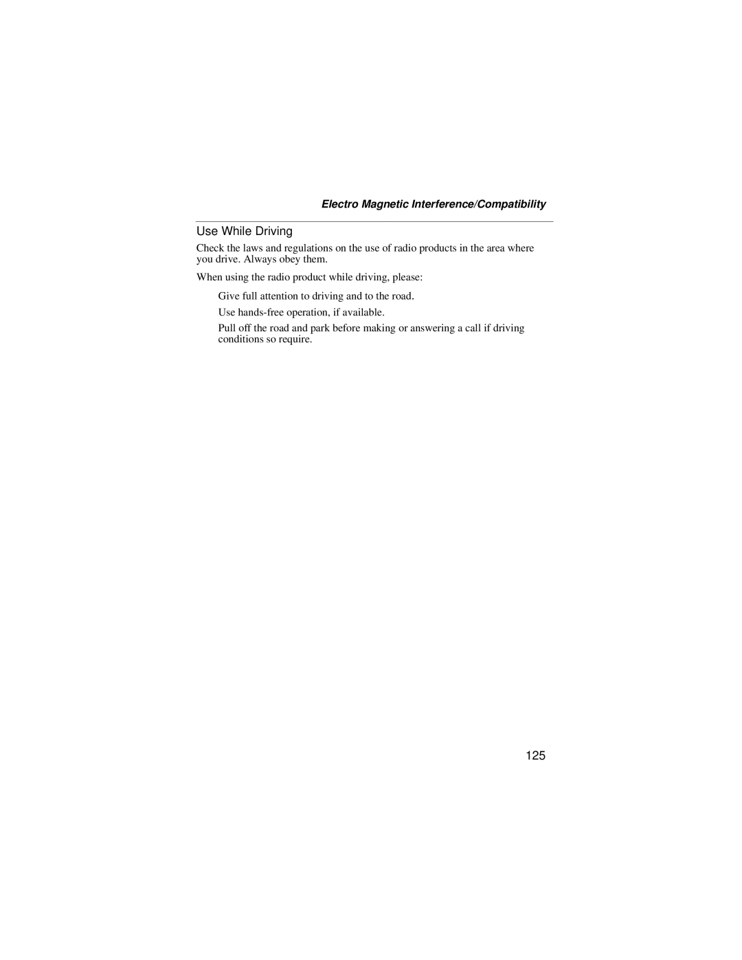 Motorola i55sr manual Use While Driving, 125, Electro Magnetic Interference/Compatibility 