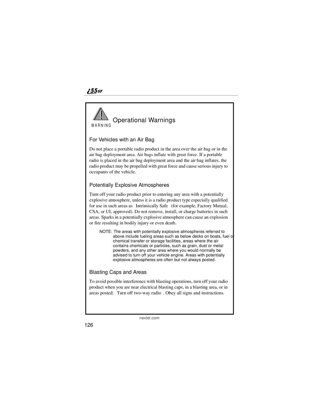 Motorola i55sr manual Operational Warnings, 126 