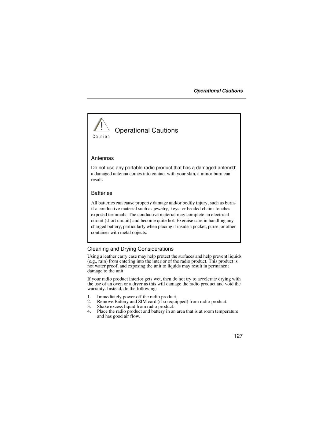 Motorola i55sr manual Operational Cautions, Cleaning and Drying Considerations, 127 