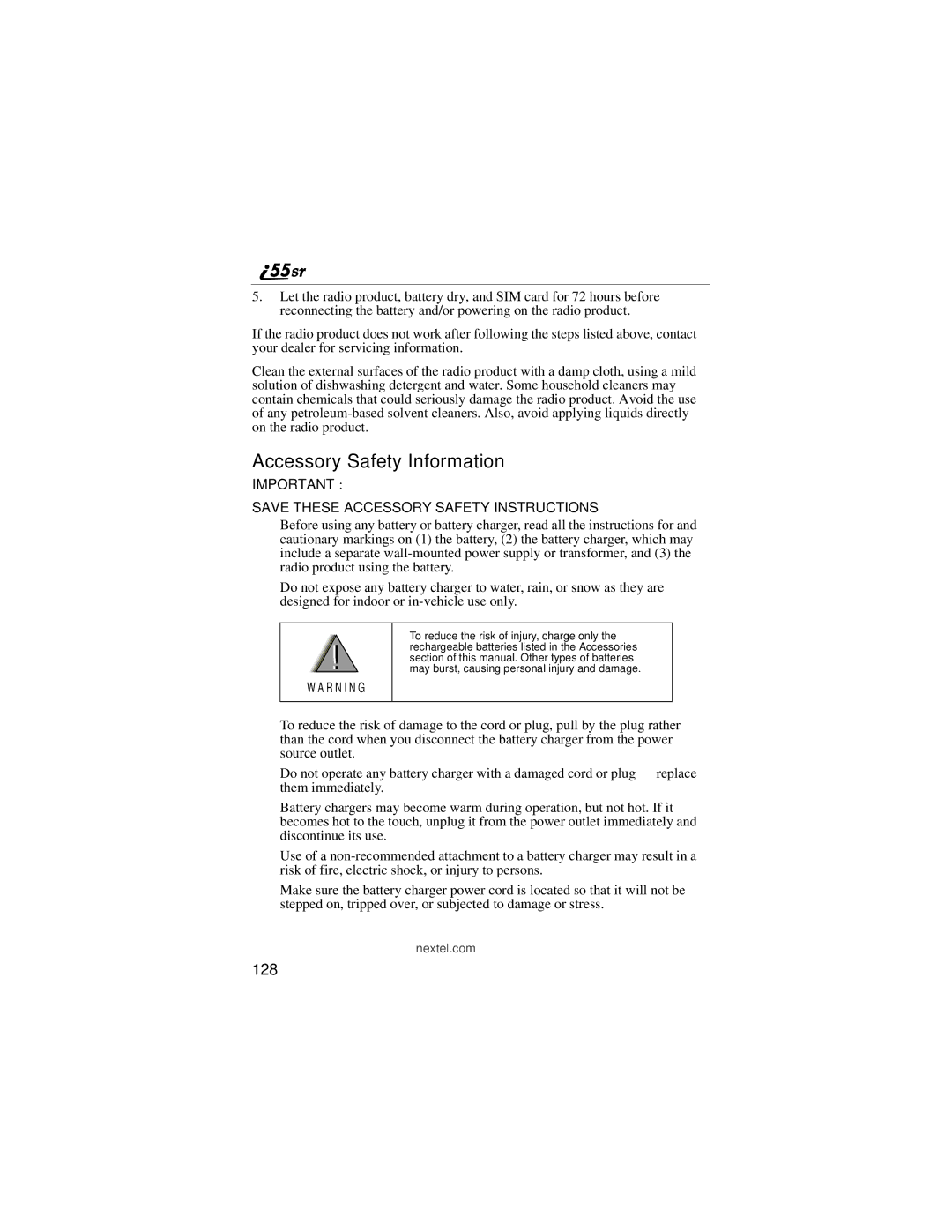 Motorola i55sr manual Accessory Safety Information, 128 