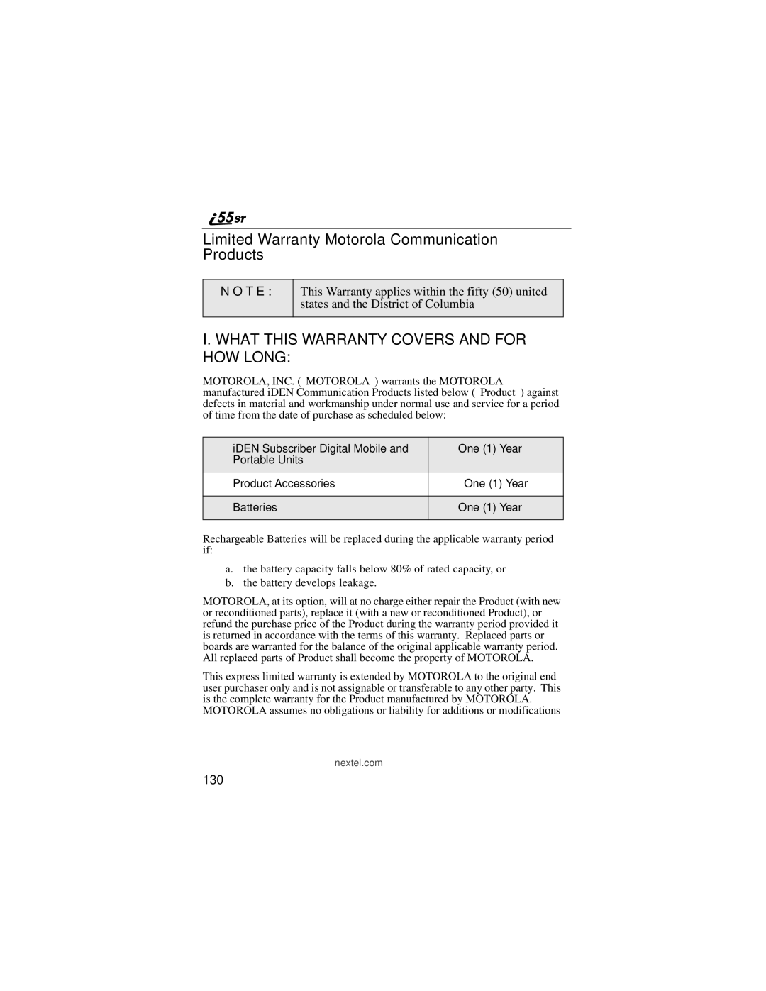 Motorola i55sr manual Limited Warranty Motorola Communication Products, T E, 130 