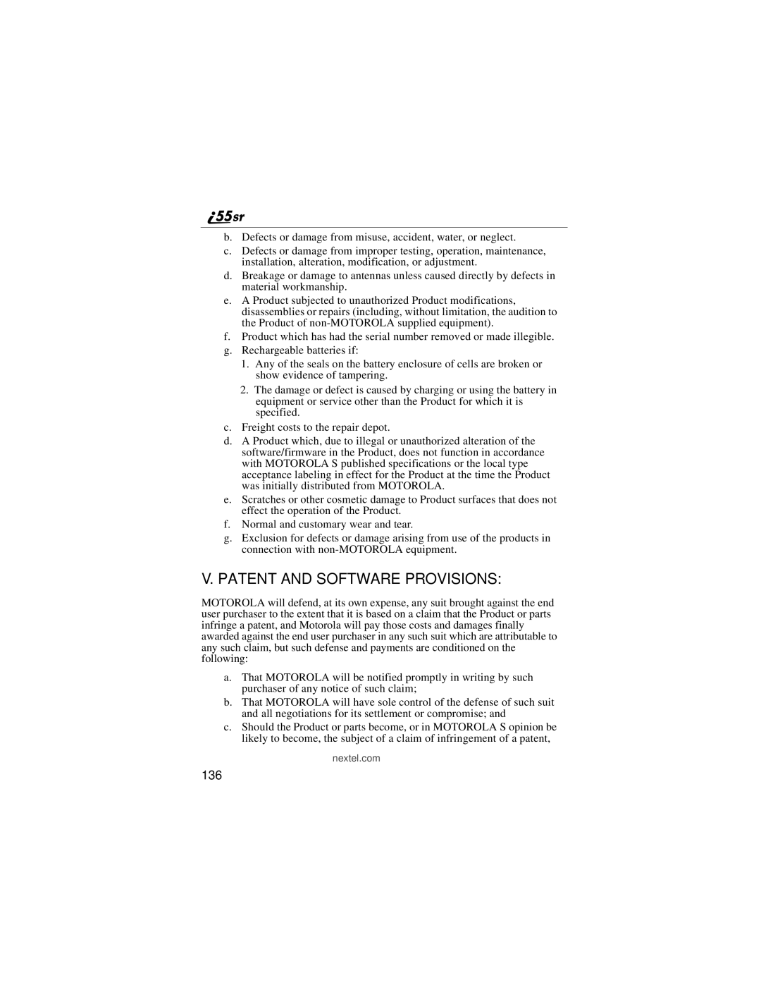 Motorola i55sr manual Patent and Software Provisions, 136 