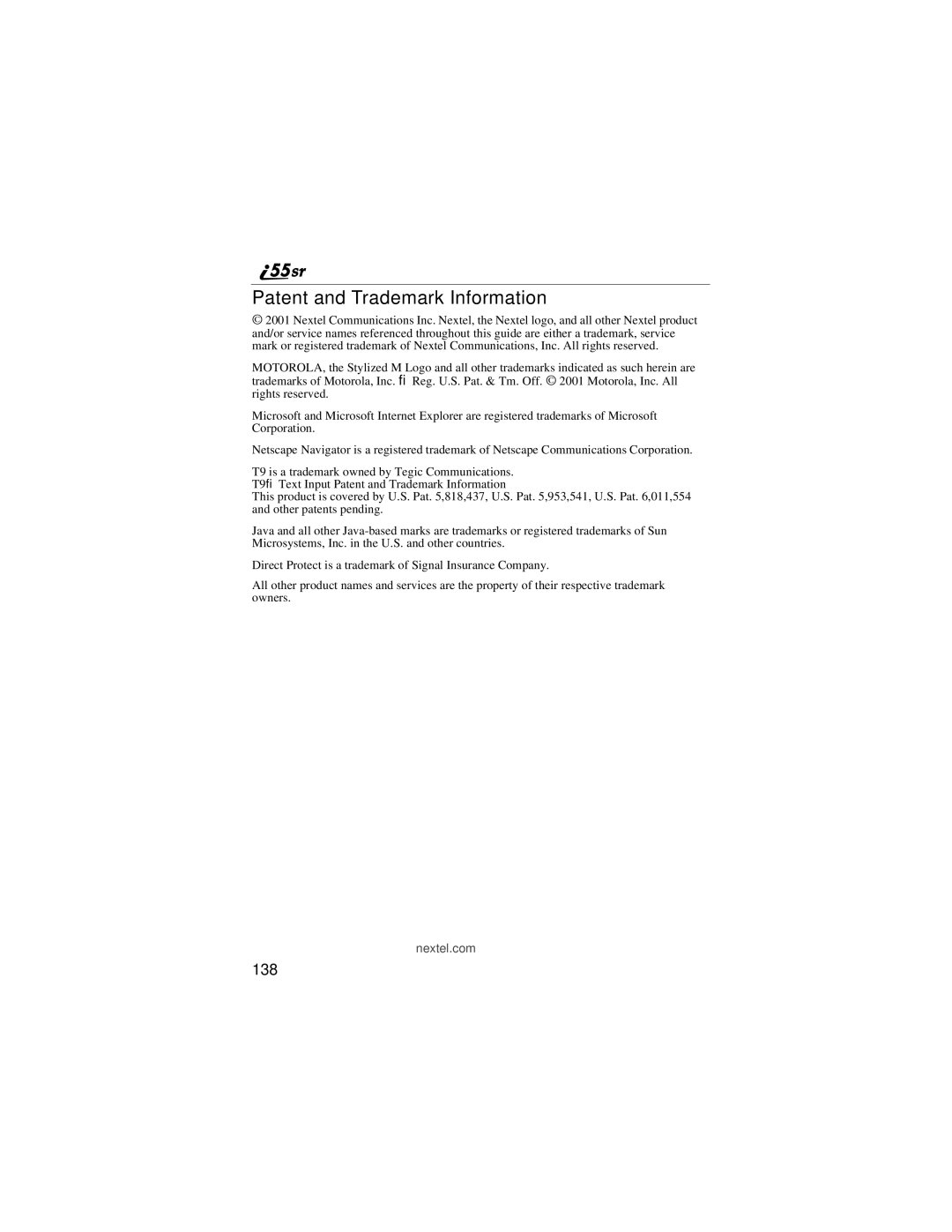 Motorola i55sr manual Patent and Trademark Information, 138 