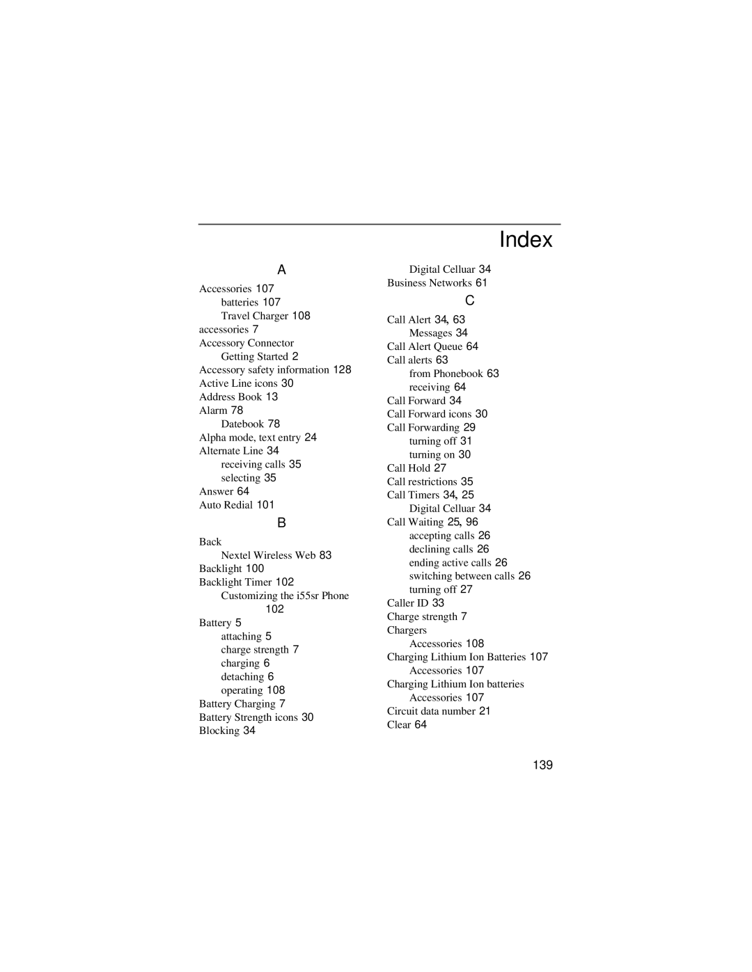 Motorola i55sr manual Index, 139, 102 