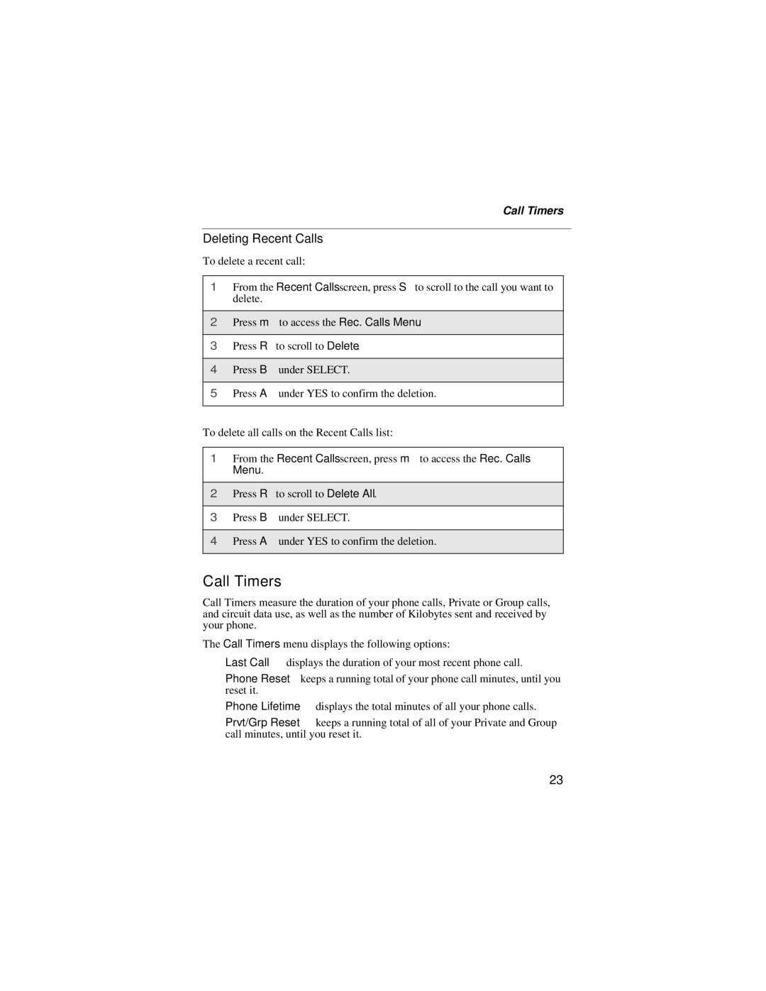 Motorola i55sr manual Call Timers, Deleting Recent Calls 