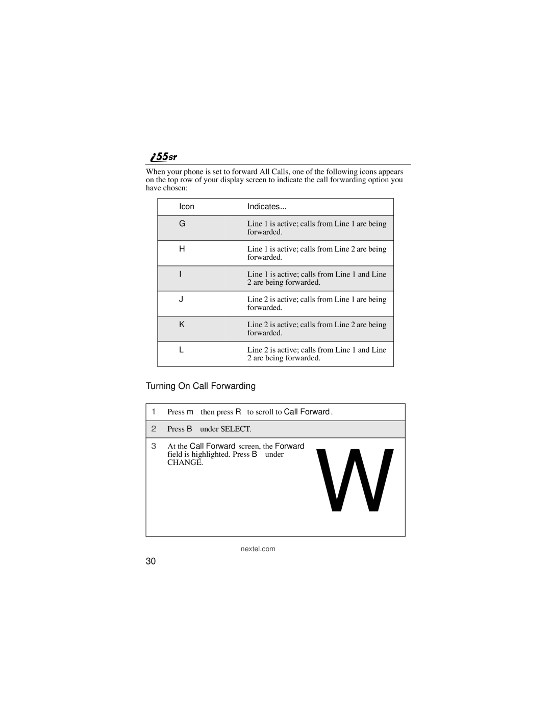 Motorola i55sr manual Turning On Call Forwarding, At the Call Forward screen, the Forward 