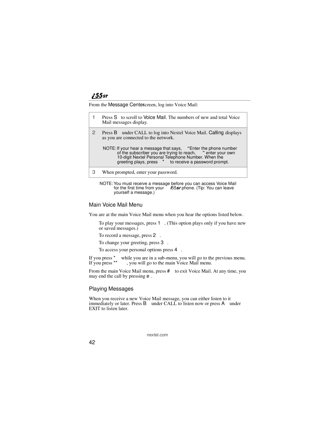 Motorola i55sr manual Main Voice Mail Menu, Playing Messages 