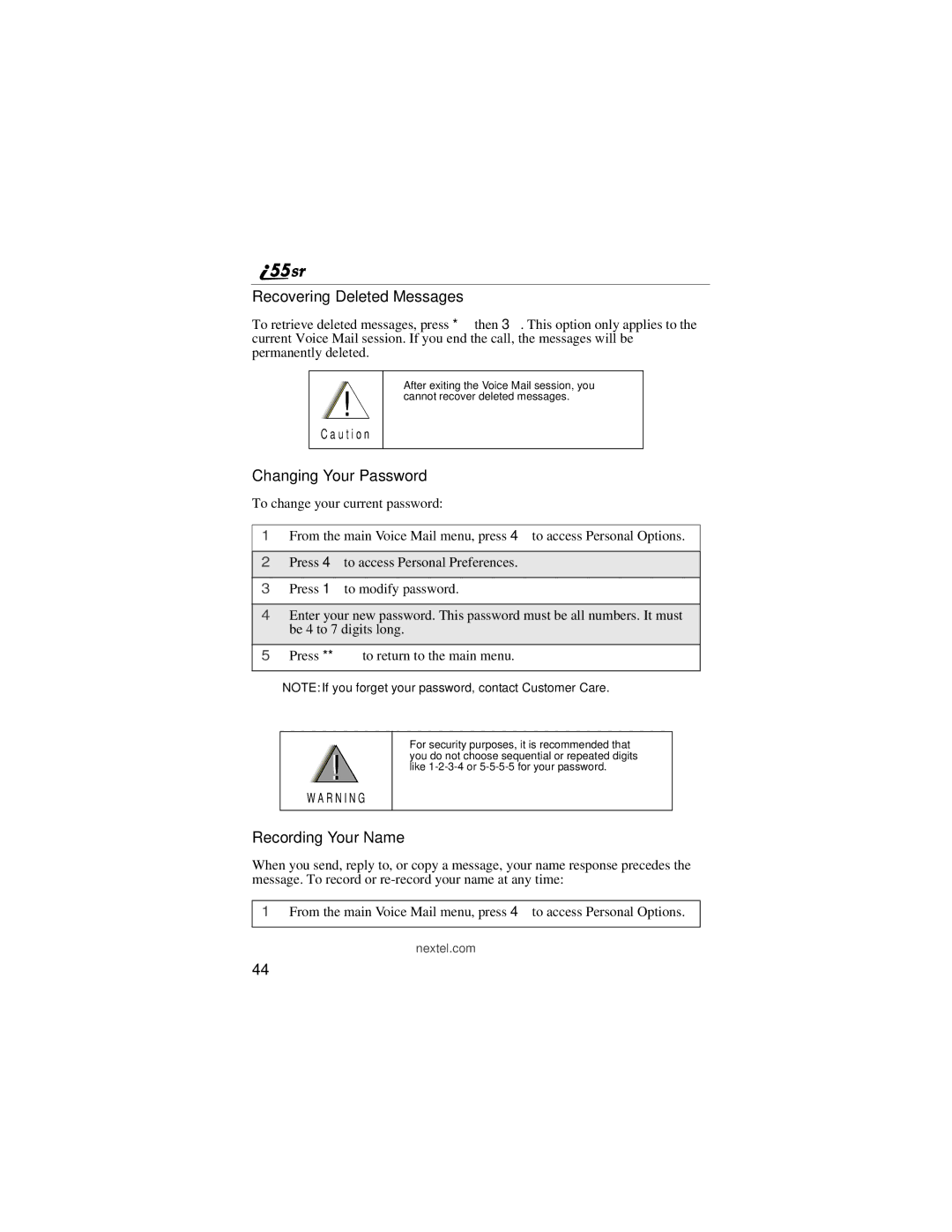 Motorola i55sr manual Recovering Deleted Messages, Changing Your Password, Recording Your Name 