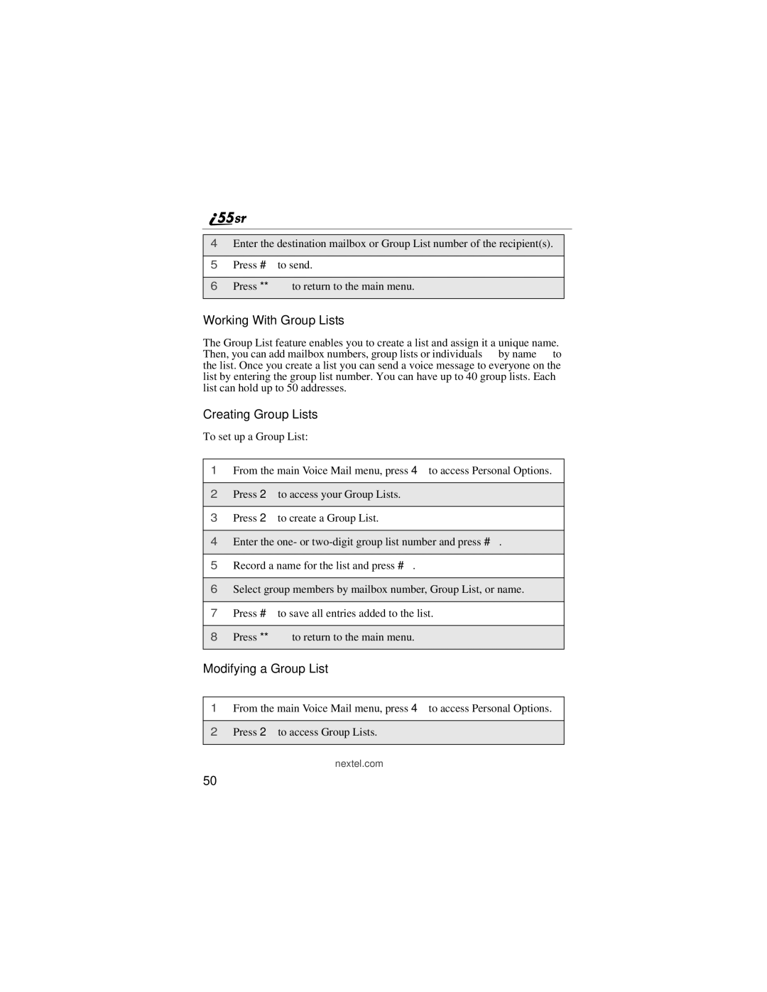 Motorola i55sr manual Working With Group Lists, Creating Group Lists, Modifying a Group List 