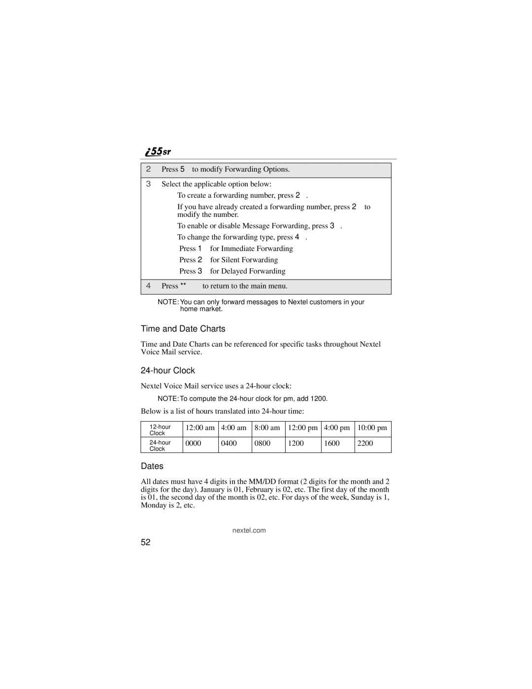 Motorola i55sr manual Time and Date Charts, Hour Clock, Dates 