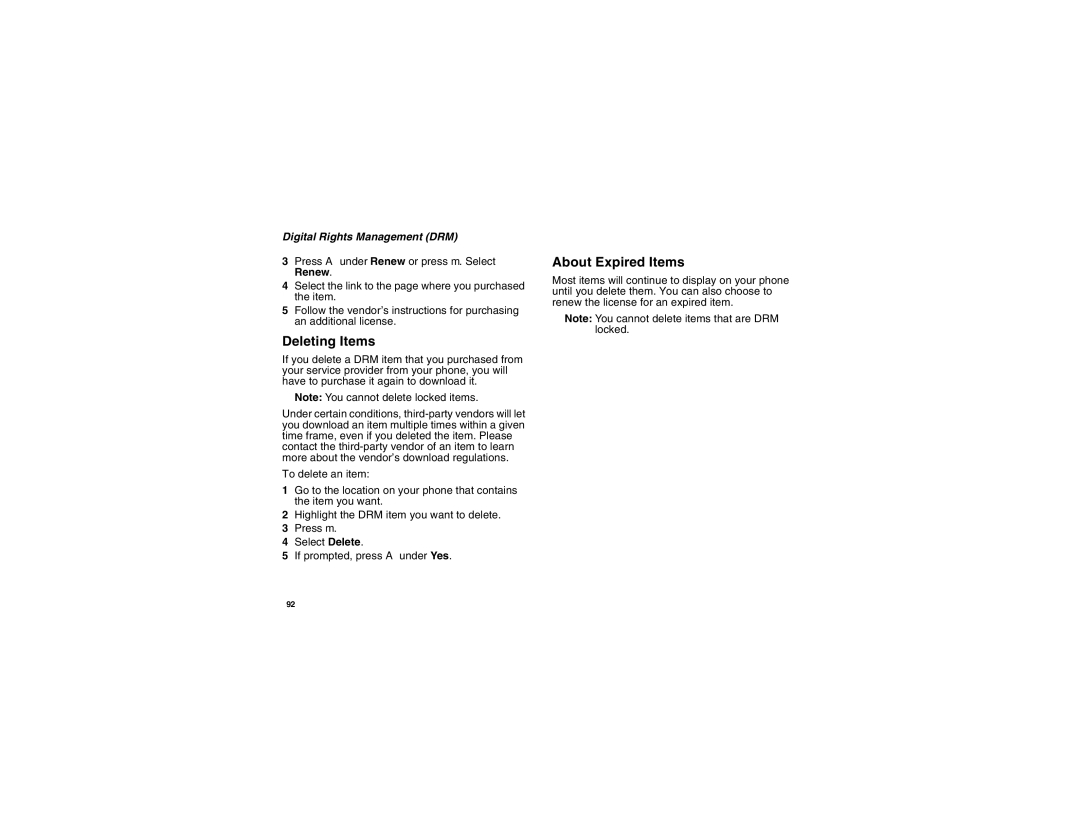 Motorola I560BLKSPT manual Deleting Items, About Expired Items, Digital Rights Management DRM 