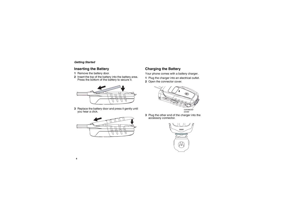 Motorola I560BLKSPT manual Inserting the Battery, Charging the Battery 