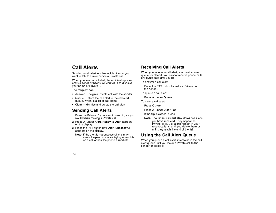 Motorola I560BLKSPT manual Sending Call Alerts, Receiving Call Alerts, Using the Call Alert Queue 