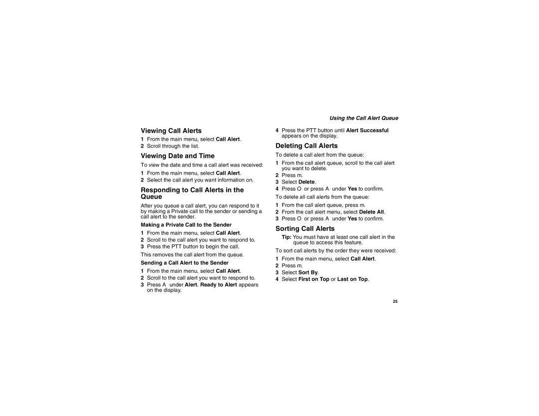Motorola I560 Viewing Call Alerts, Viewing Date and Time, Responding to Call Alerts in the Queue, Deleting Call Alerts 