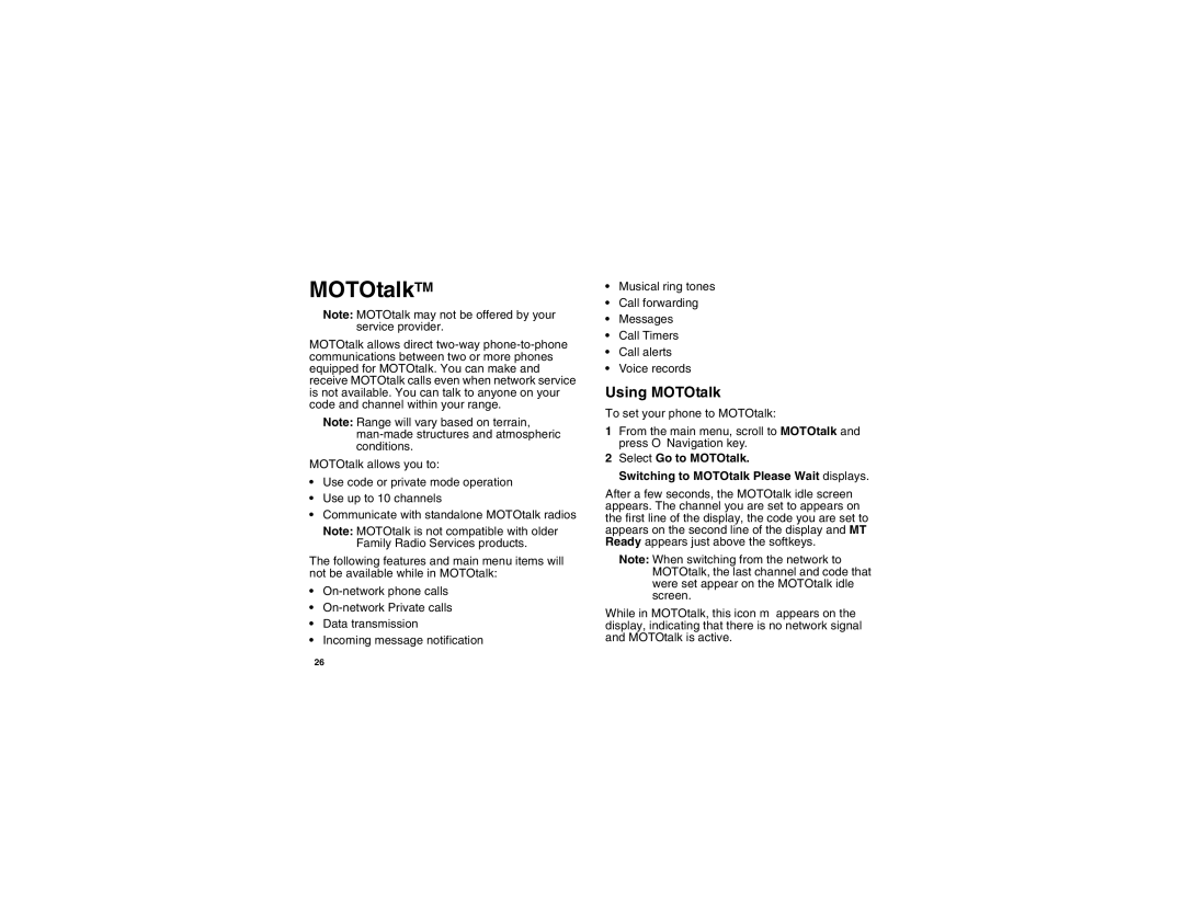 Motorola I560BLKSPT manual MOTOtalkTM, Using MOTOtalk 