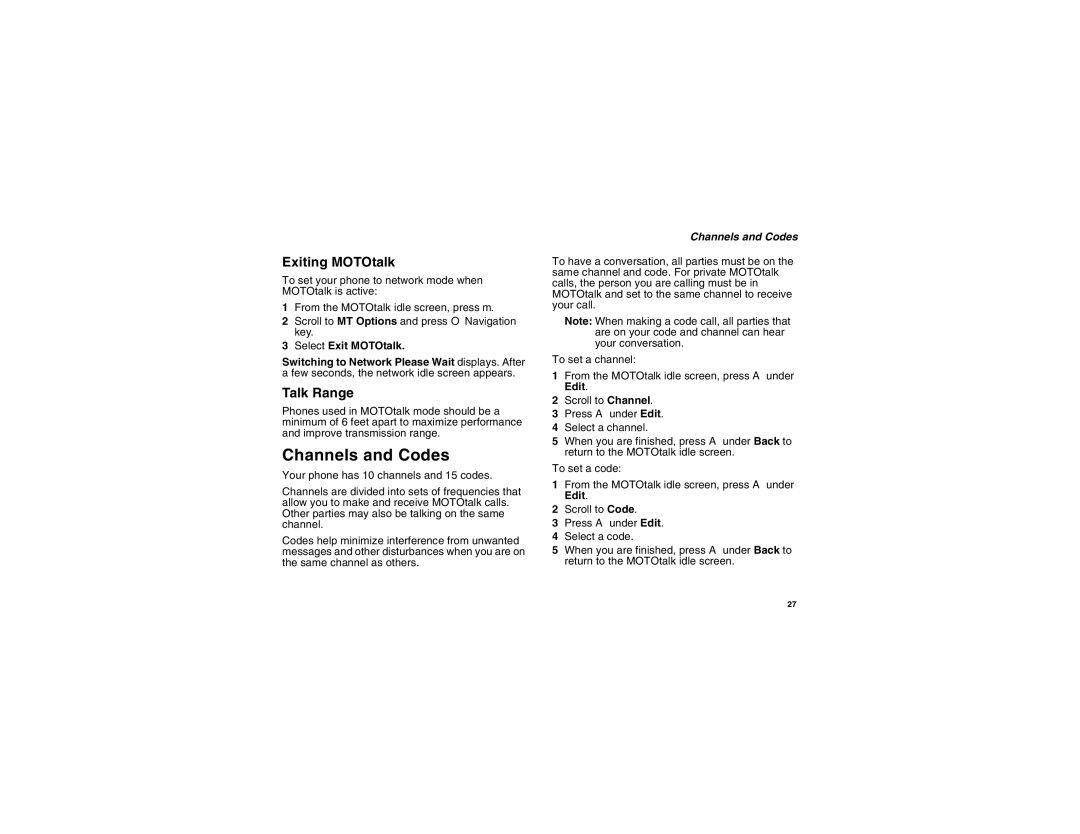 Motorola I560BLKSPT manual Channels and Codes, Exiting MOTOtalk, Talk Range, Select Exit MOTOtalk 