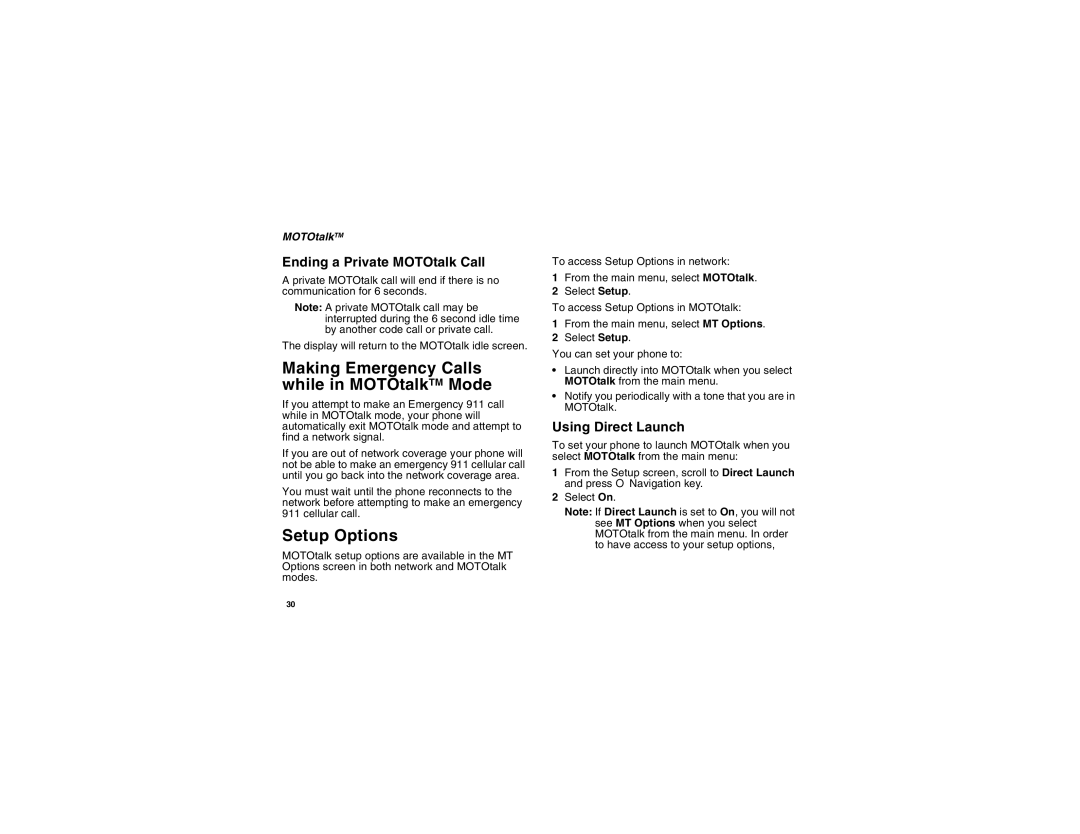 Motorola I560BLKSPT manual Making Emergency Calls while in MOTOtalkTM Mode, Setup Options, Ending a Private MOTOtalk Call 