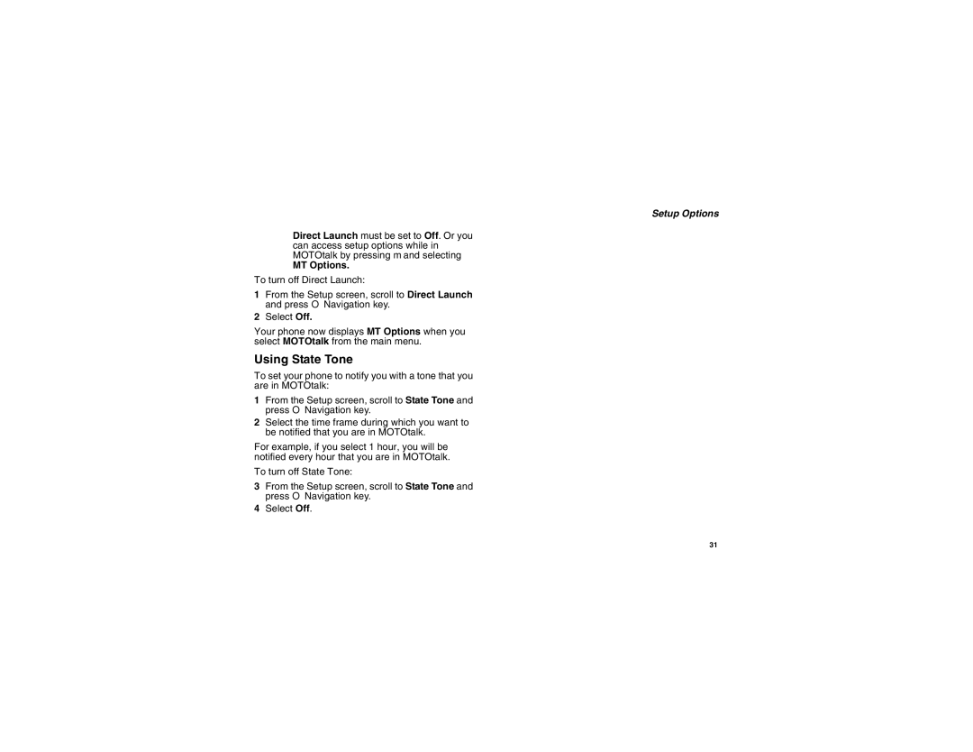 Motorola I560BLKSPT manual Using State Tone, Setup Options, MT Options 