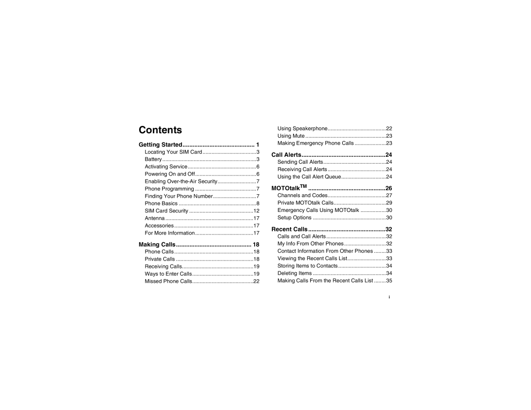 Motorola I560BLKSPT manual Contents 