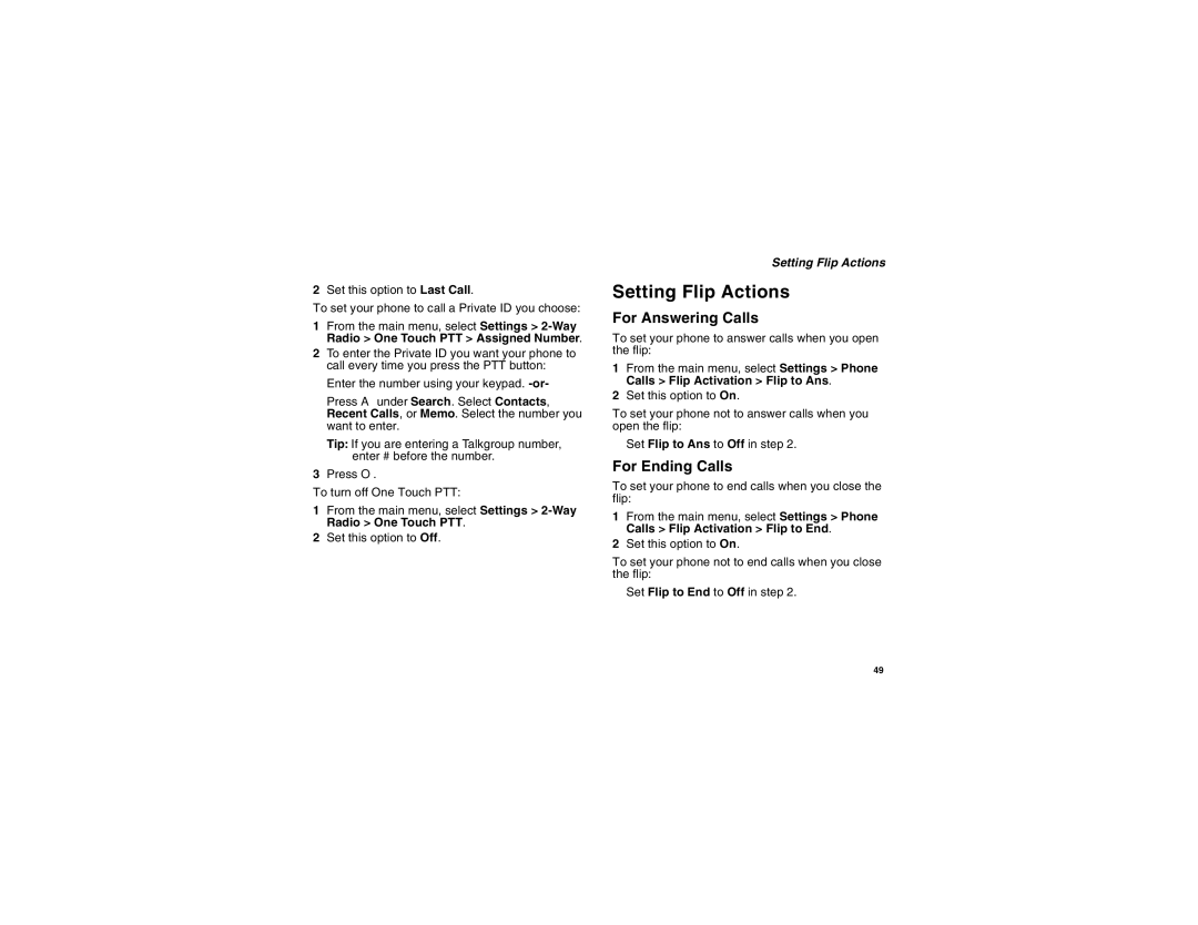 Motorola I560BLKSPT manual Setting Flip Actions, For Answering Calls, For Ending Calls 