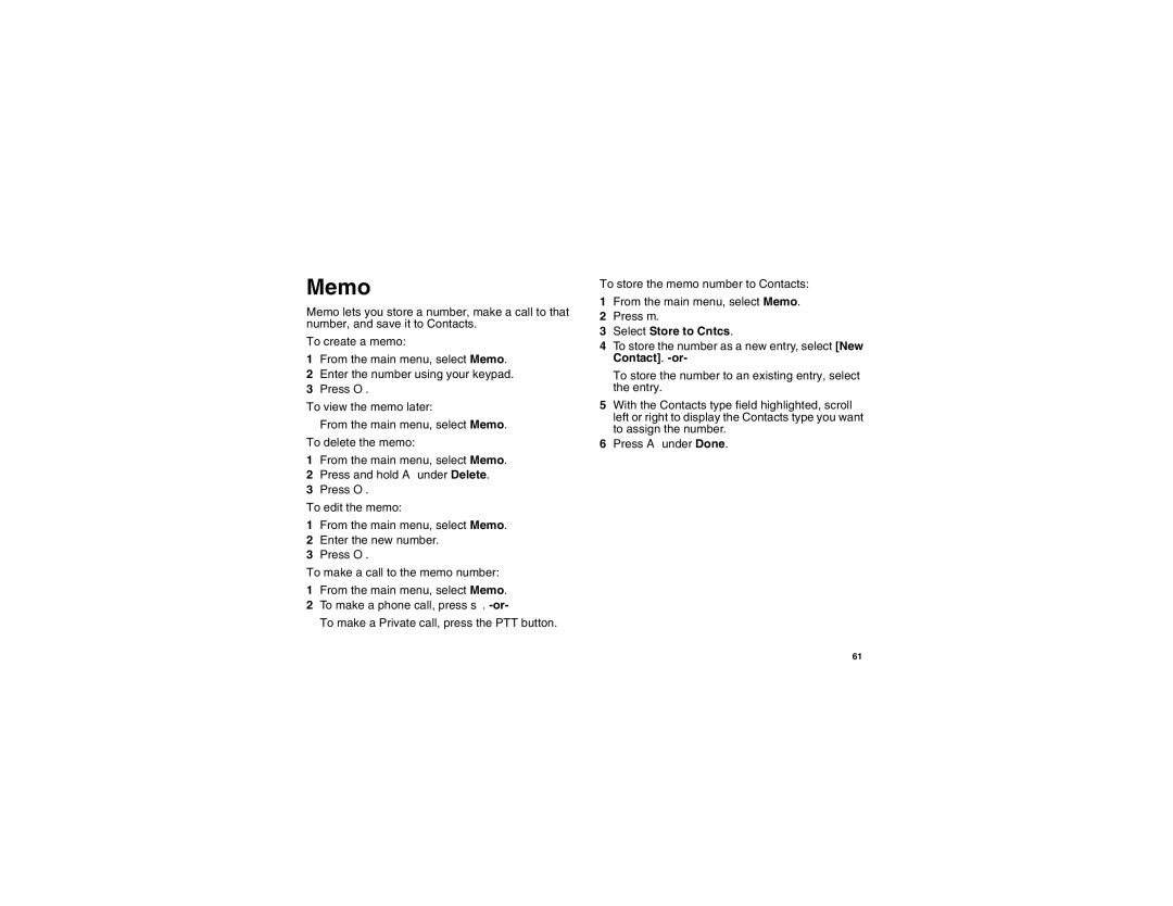 Motorola I560BLKSPT manual Memo, Select Store to Cntcs 