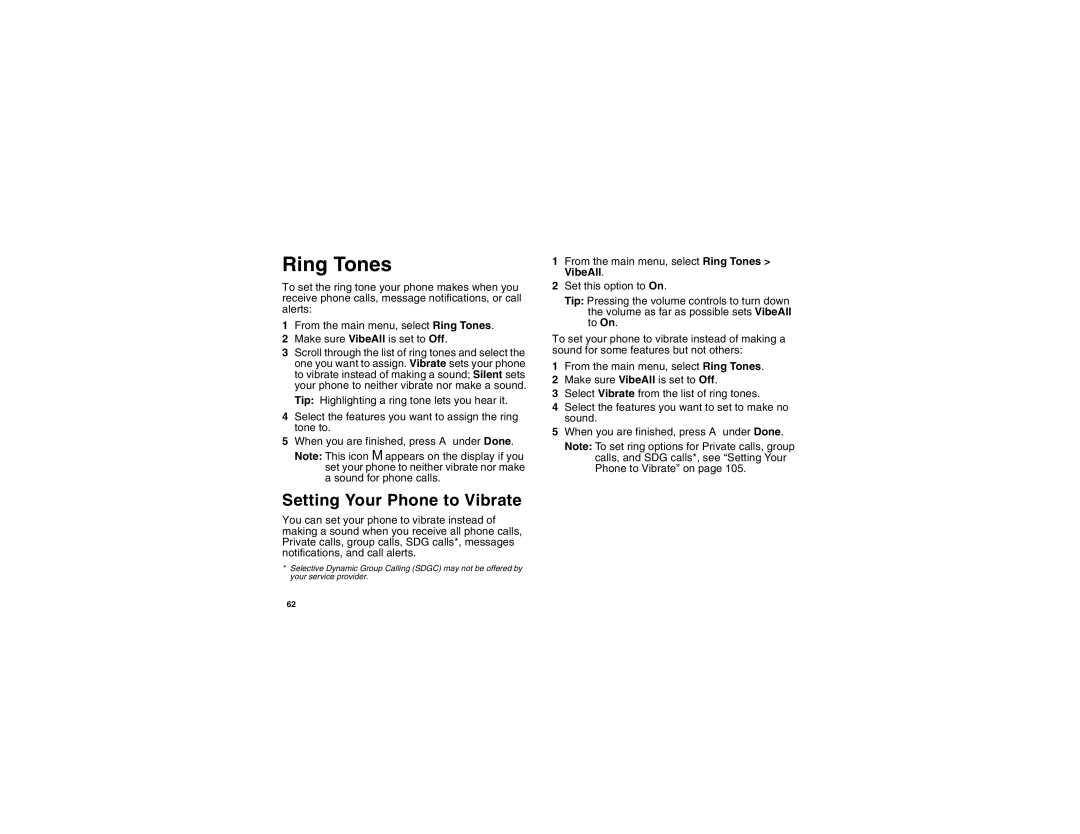 Motorola I560BLKSPT manual Ring Tones, Setting Your Phone to Vibrate 