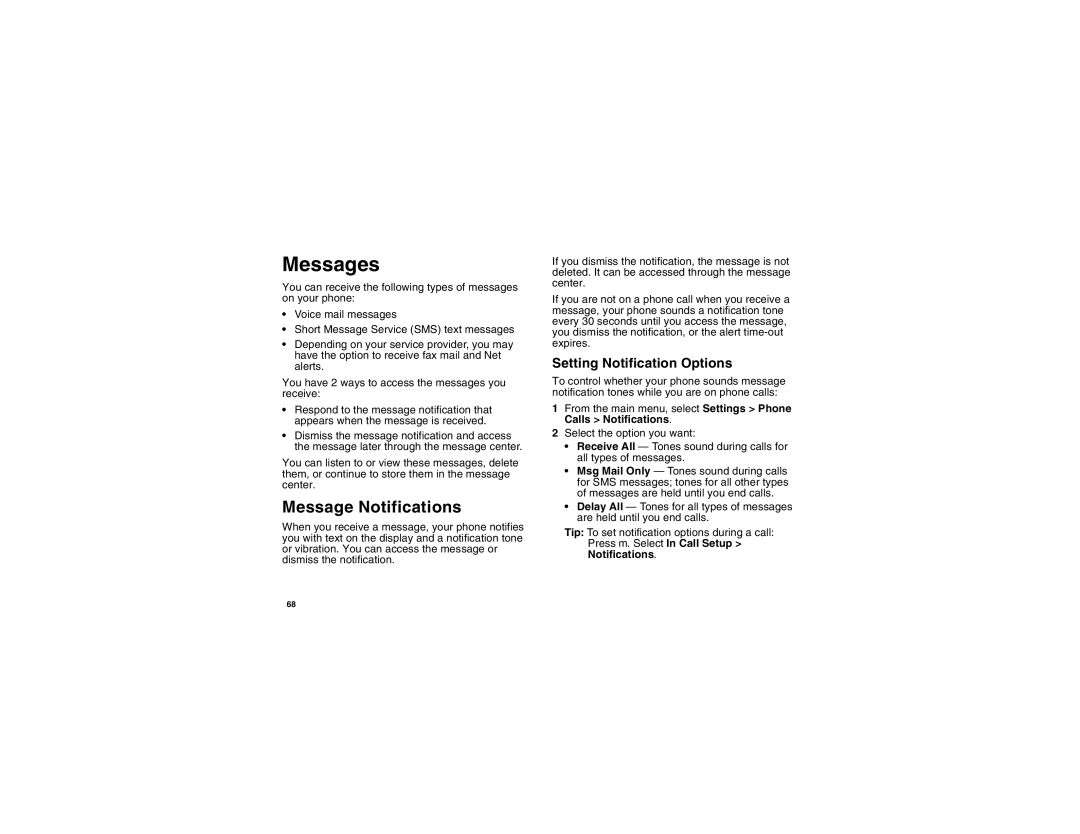 Motorola I560BLKSPT manual Messages, Message Notifications, Setting Notification Options 