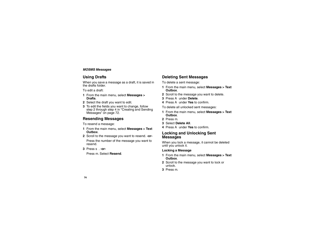 Motorola I560BLKSPT manual Using Drafts, Resending Messages, Deleting Sent Messages, Locking and Unlocking Sent Messages 