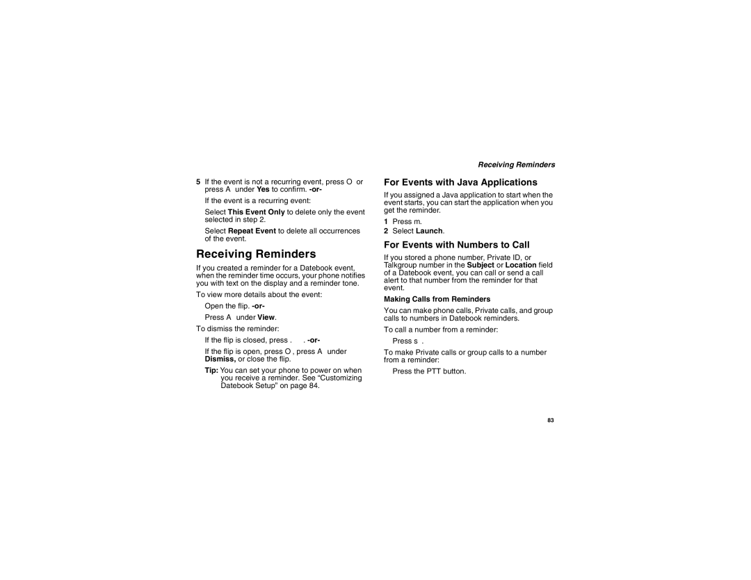 Motorola I560BLKSPT manual Receiving Reminders, For Events with Java Applications, For Events with Numbers to Call 