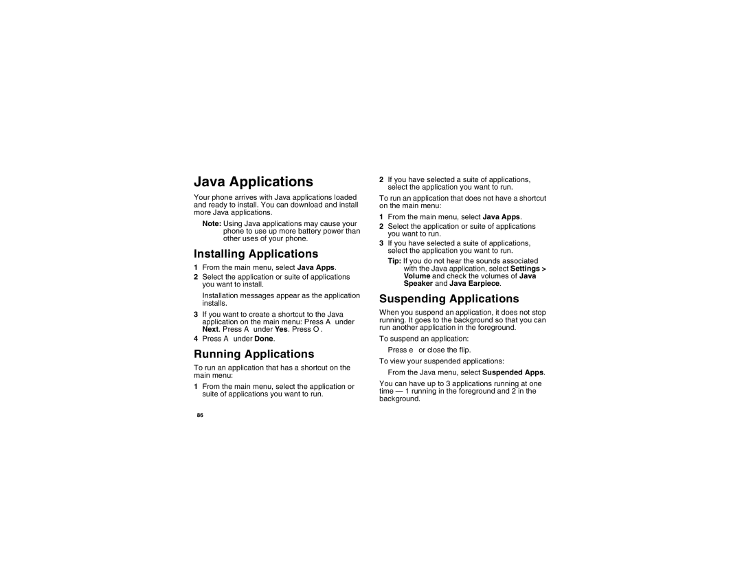 Motorola I560BLKSPT manual Java Applications, Installing Applications, Running Applications, Suspending Applications 