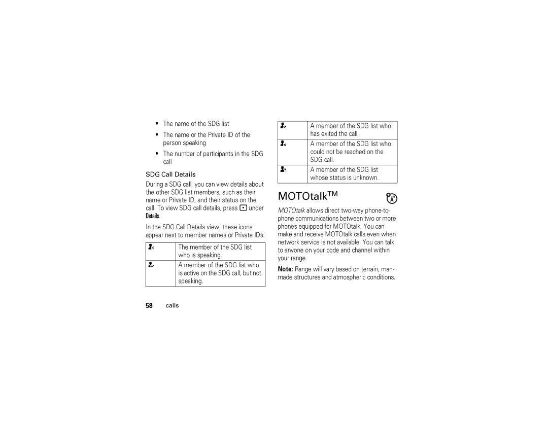 Motorola i570 manual MOTOtalkTM, SDG Call Details 