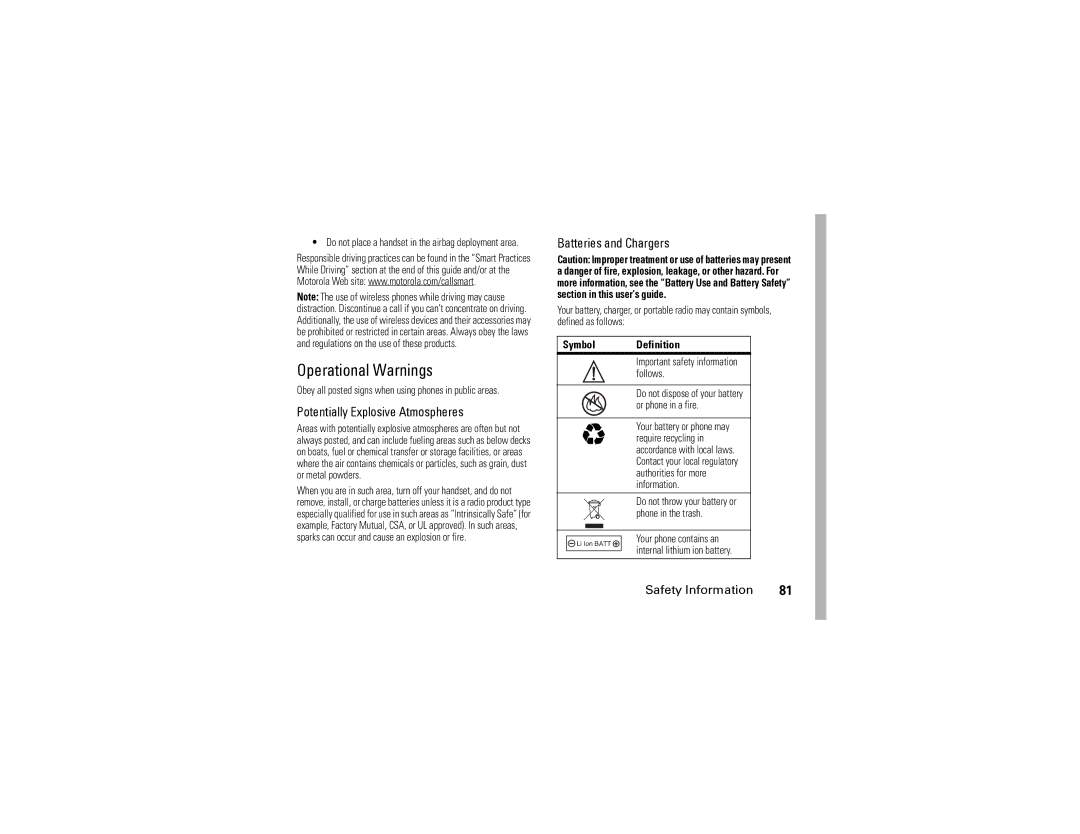 Motorola i570 manual Operational Warnings, Potentially Explosive Atmospheres, Batteries and Chargers, Symbol Definition 