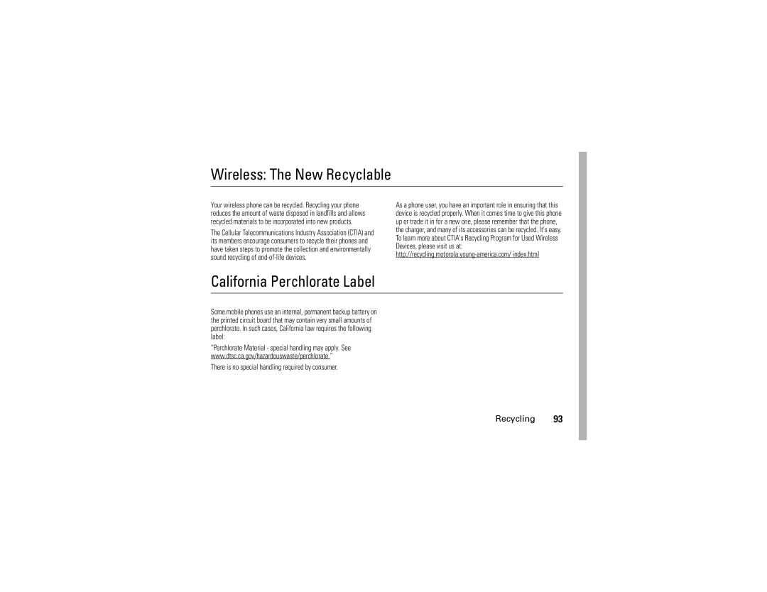 Motorola i570 manual Wireless The New Recyclable, California Perchlorate Label, Recycling 