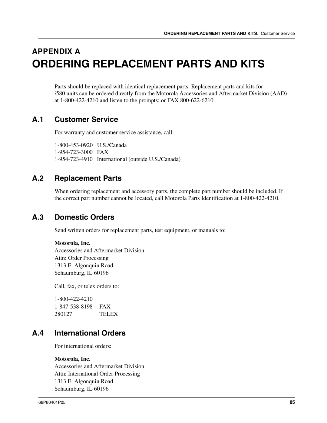 Motorola I580 service manual Ordering Replacement Parts and Kits, Customer Service, Domestic Orders, International Orders 