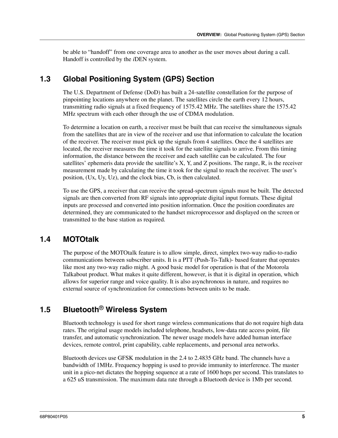 Motorola I580 service manual Global Positioning System GPS Section, MOTOtalk, Bluetooth Wireless System 