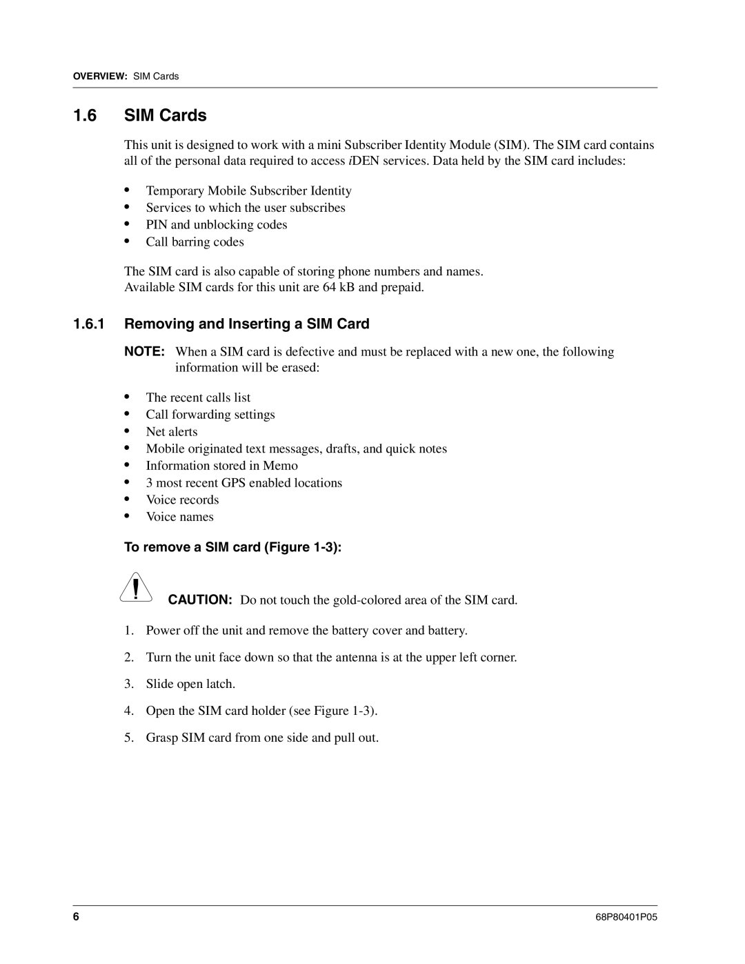 Motorola I580 service manual SIM Cards, Removing and Inserting a SIM Card, To remove a SIM card Figure 