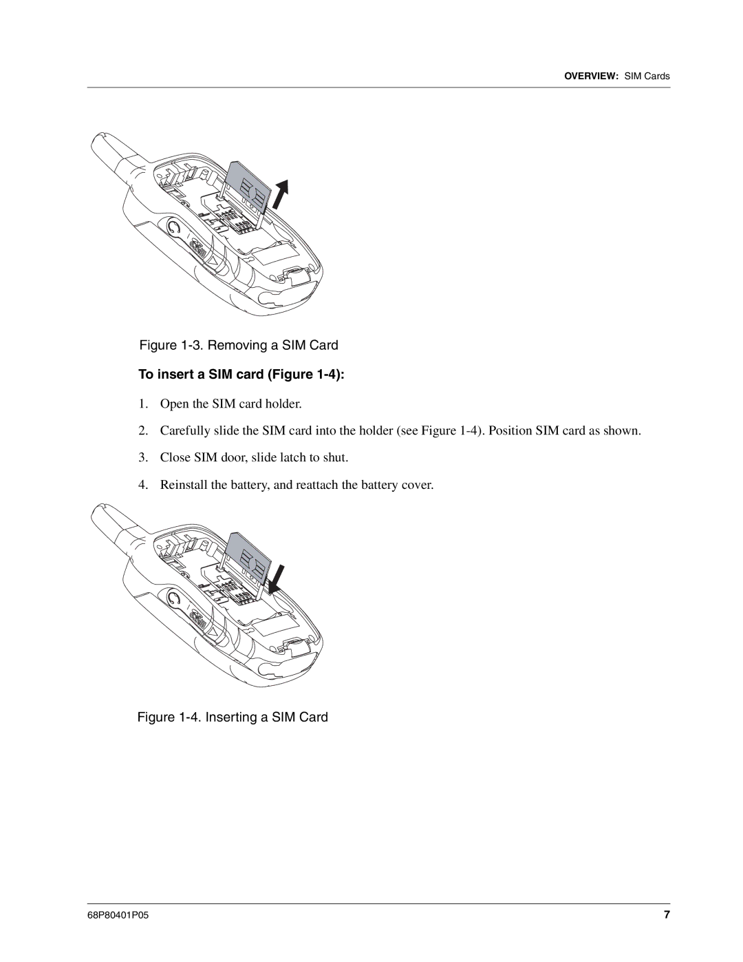 Motorola I580 service manual Removing a SIM Card, To insert a SIM card Figure 