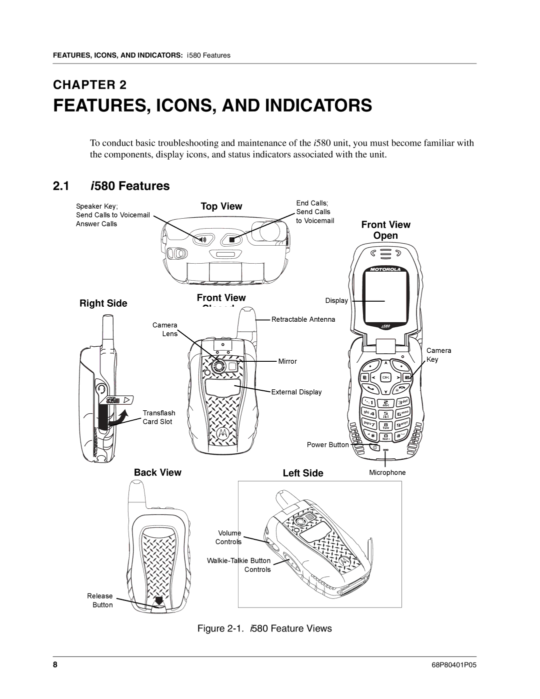 Motorola service manual FEATURES, ICONS, and Indicators, I580 Features 