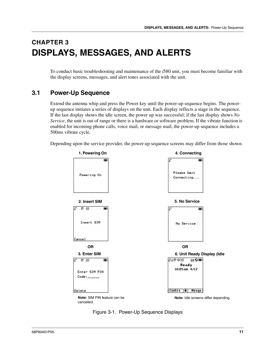 Motorola I580 service manual DISPLAYS, MESSAGES, and Alerts, Power-Up Sequence 