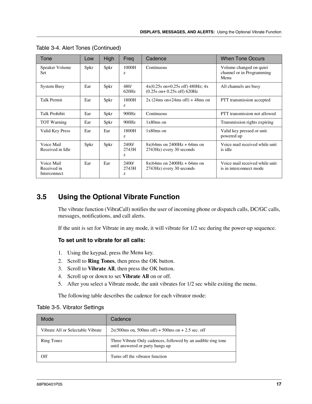 Motorola I580 service manual Using the Optional Vibrate Function, To set unit to vibrate for all calls, Vibrator Settings 